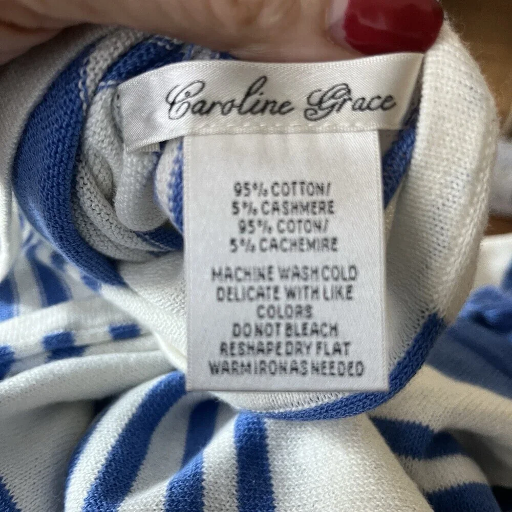Caroline Grace Women’s‎ Blue & White Stripe Tasseled Cashmere Blend Poncho